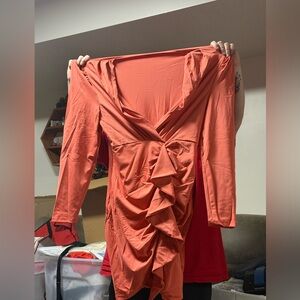 Plus Size 2X Rust Ruched Dress Long Sleeve Crossover Bodycon NEW